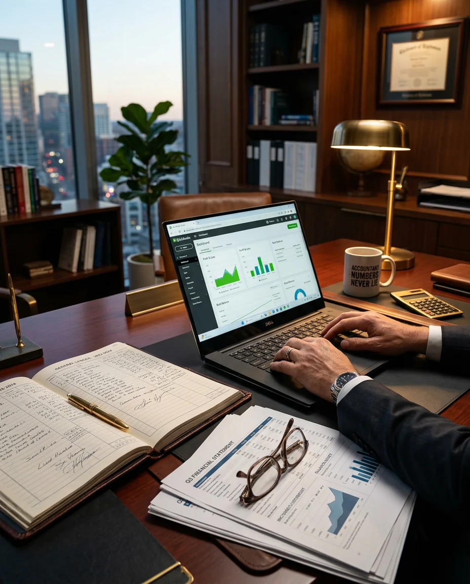 Executive desk with ledger and financial documents