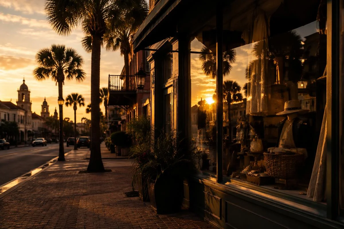 Historic Saint Augustine style storefront with palm trees at golden hour