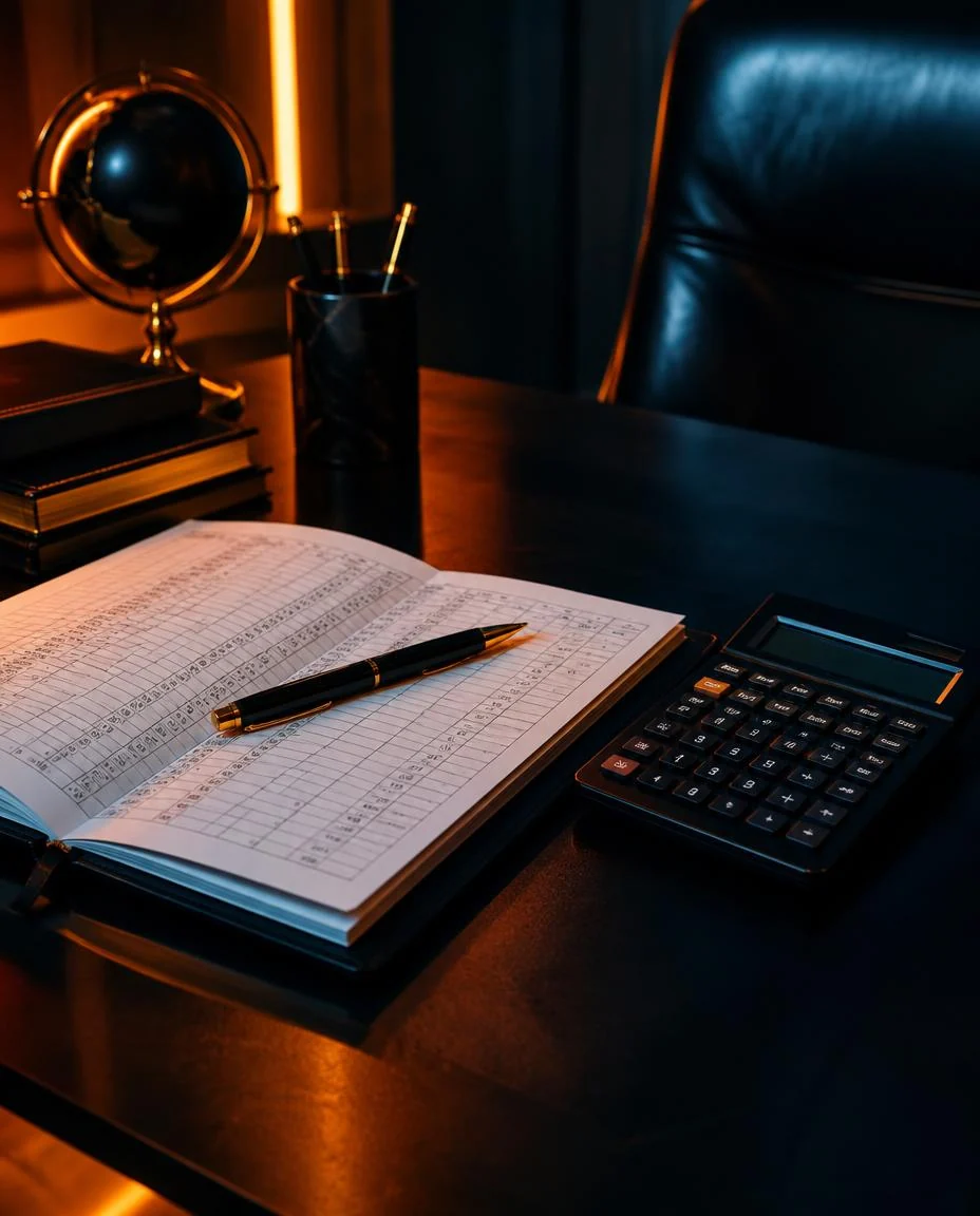 Payroll ledger and calculator on an executive desk