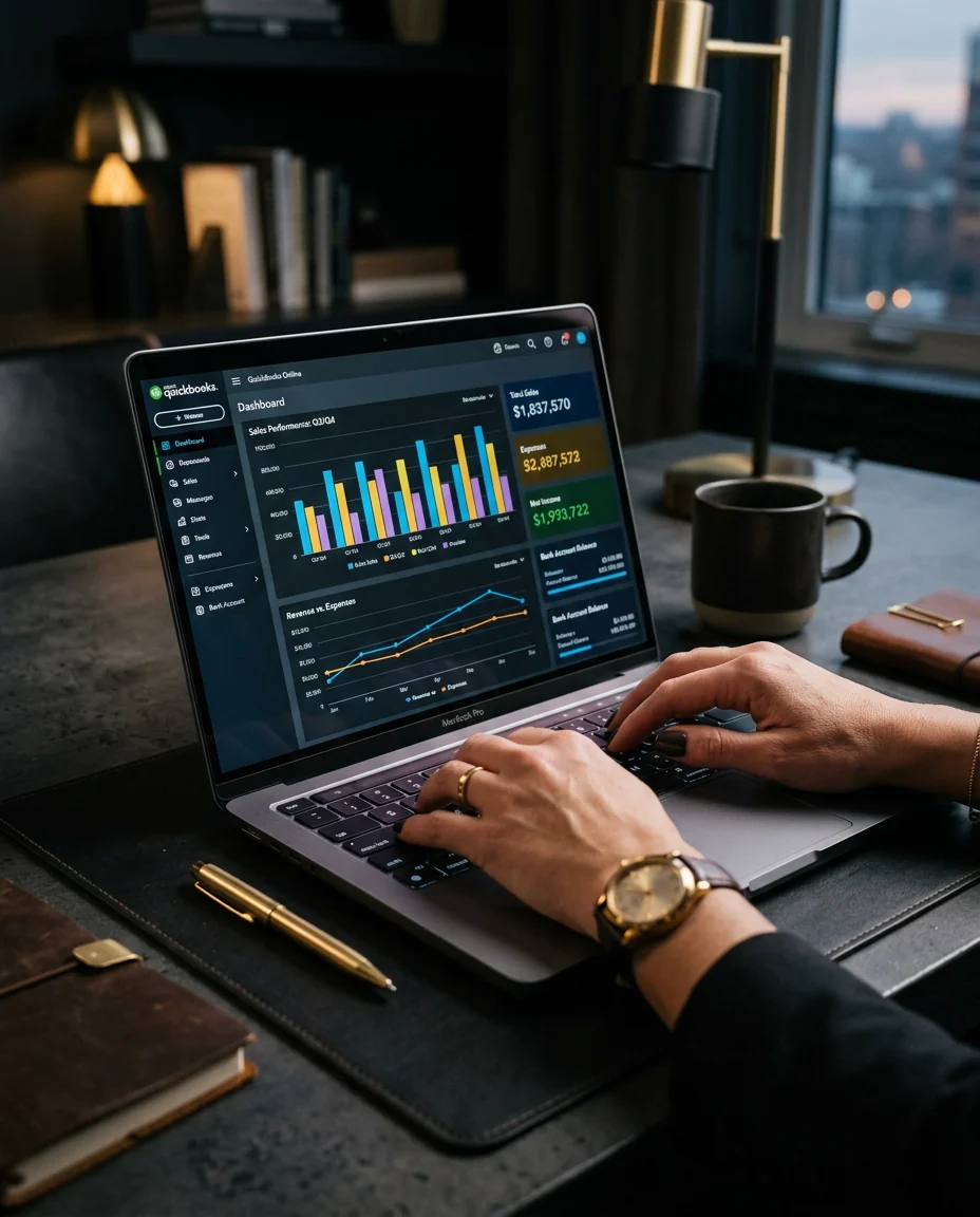 Hands typing on a laptop showing QuickBooks Online dashboard