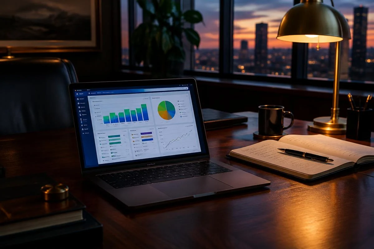 Laptop showing an accounting dashboard on an executive desk at dusk