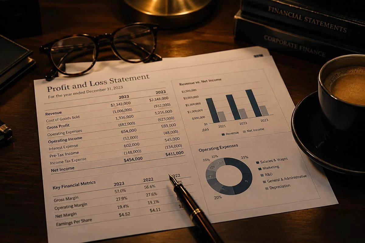 Printed profit and loss statement with charts, glasses, and a fountain pen on a desk