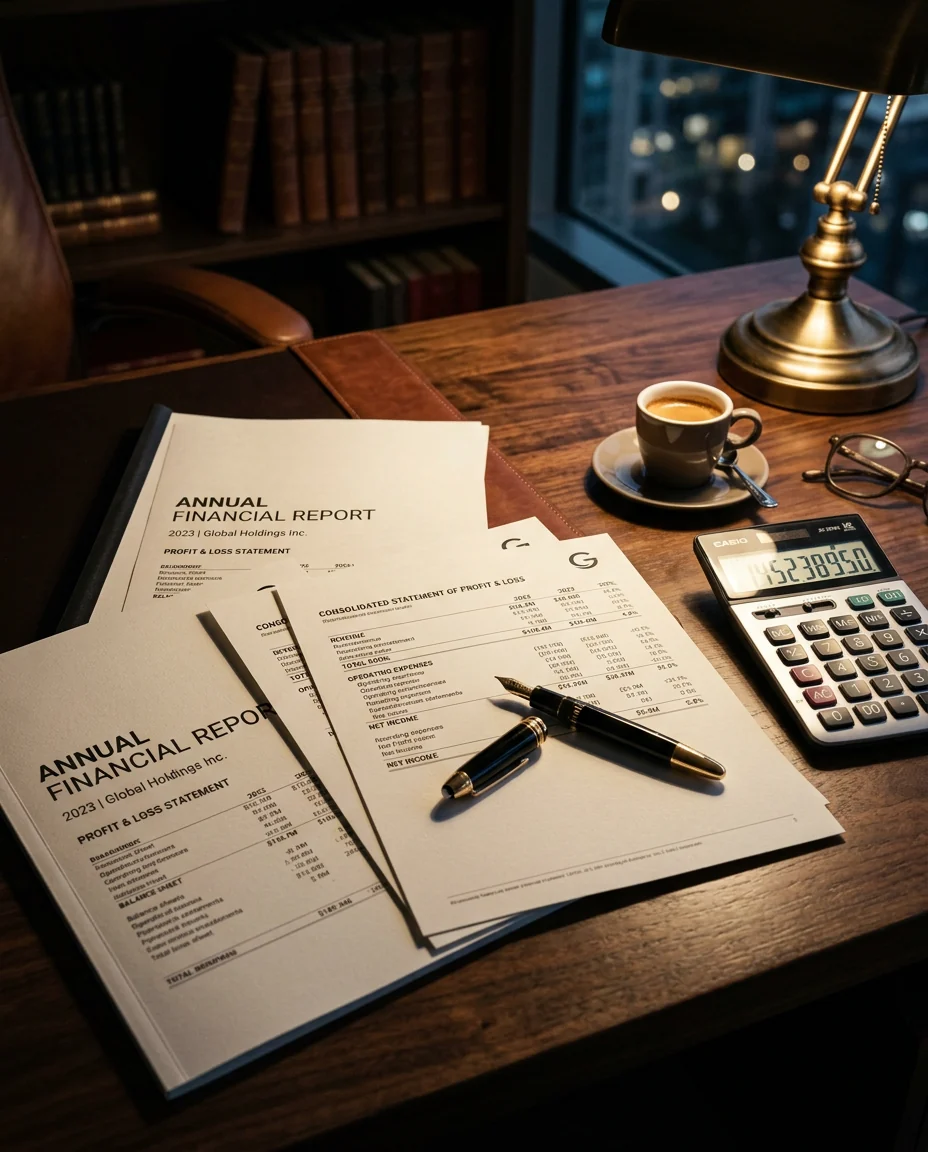 Financial reports and pen on a walnut executive desk
