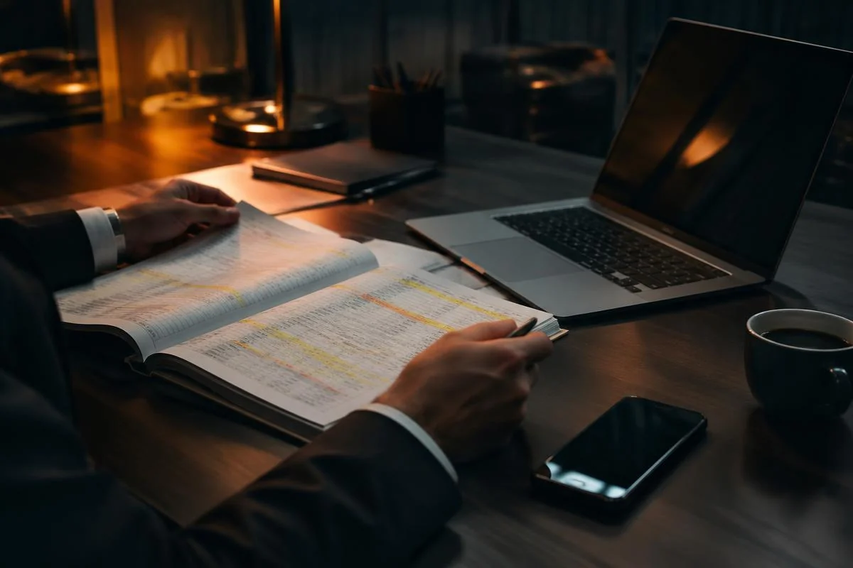 Business owner reviewing an open ledger with highlighted rows beside a laptop